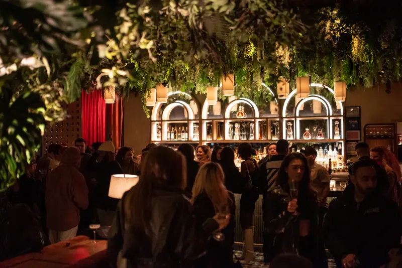 a group of people standing in a bar with evergreens hanging from the ceiling