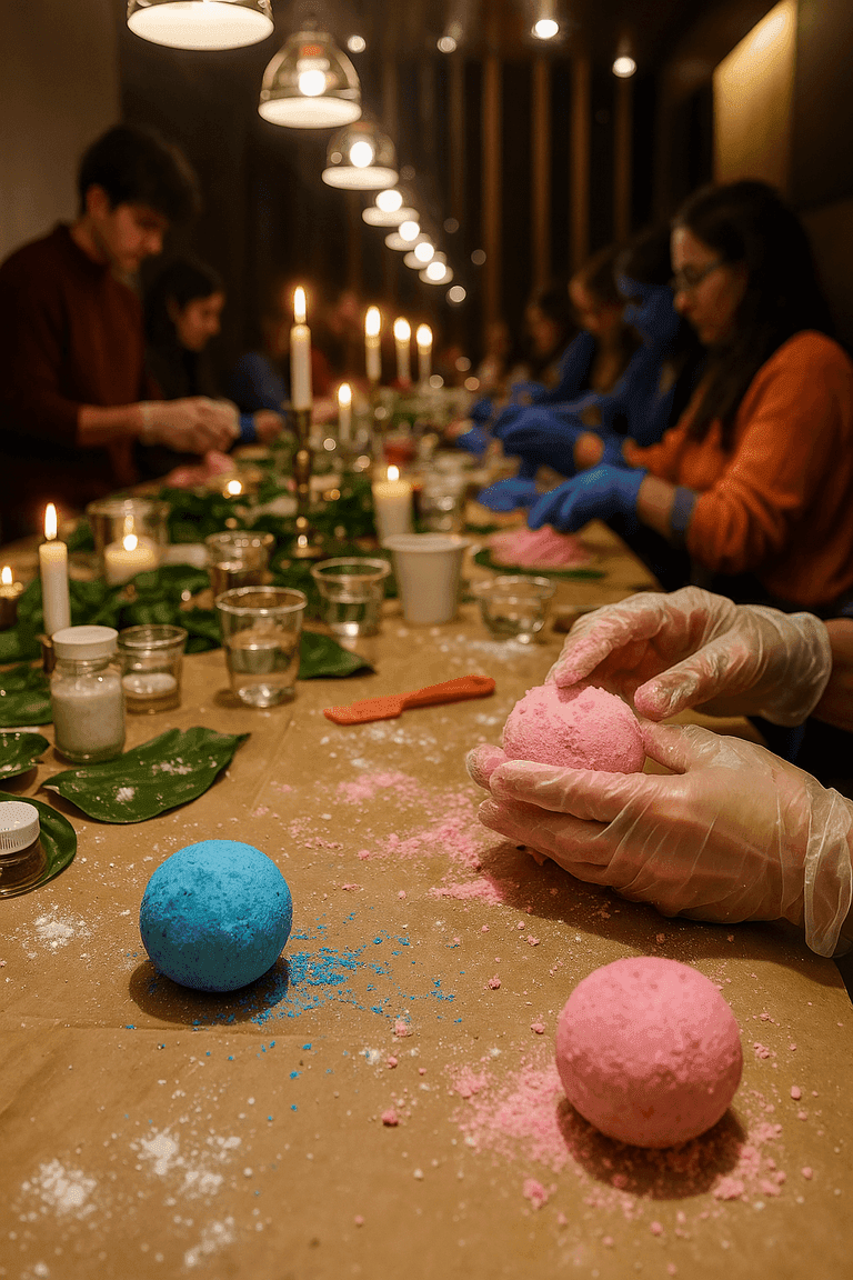 Close-up of hands shaping pink and blue bath bombs on a workshop table with candles, tools, and greenery around.