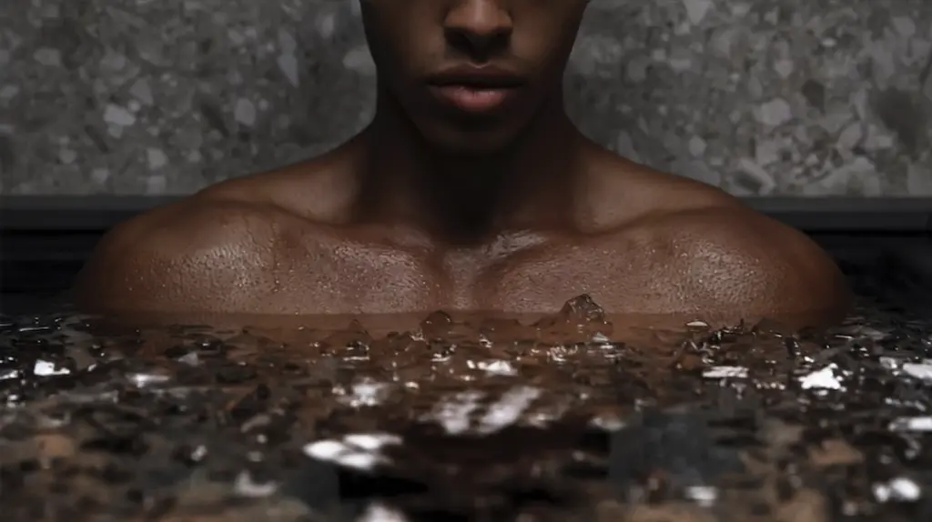 a close up of a person sitting in an ice bath