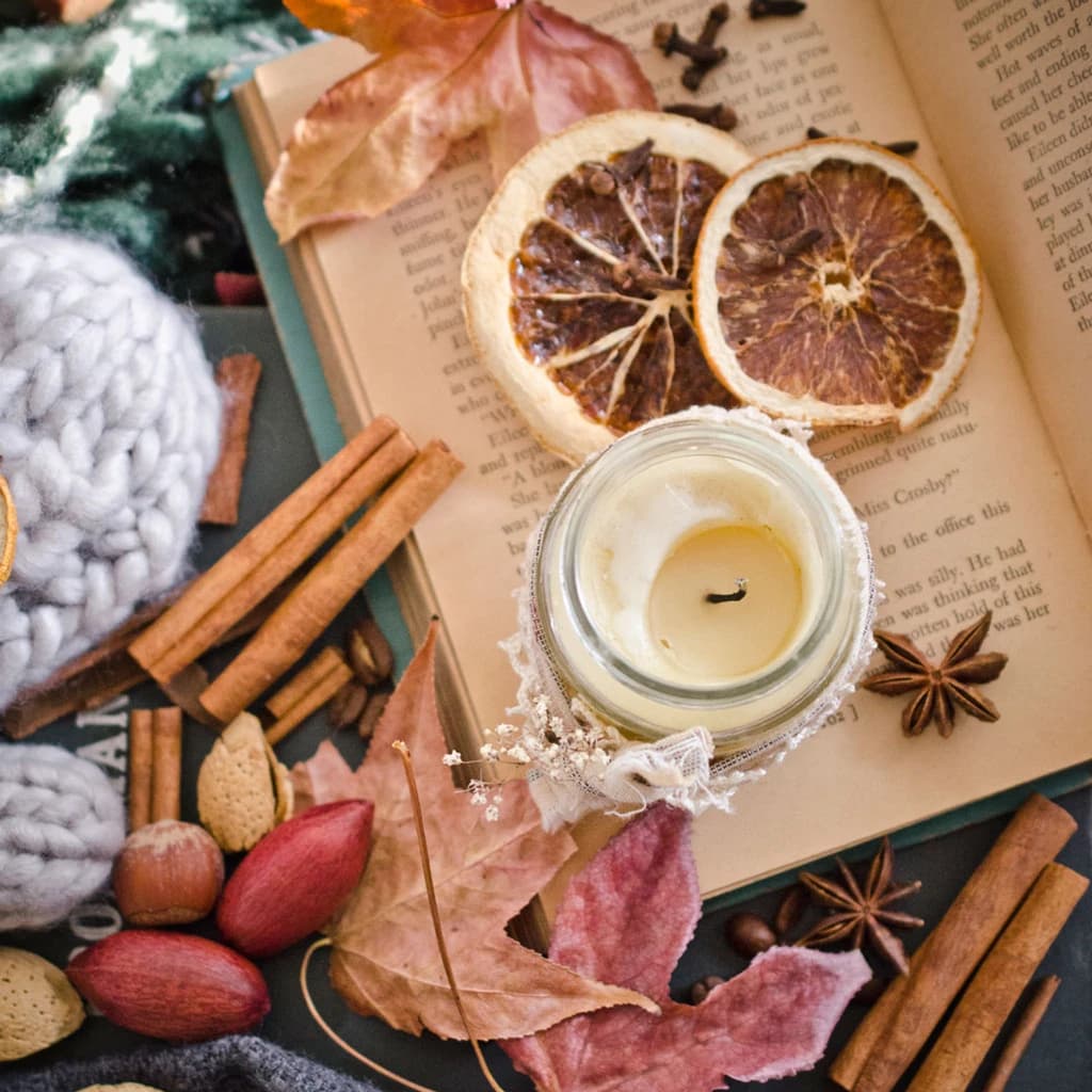 a candle with fall leaves, cinnamon, and dried oranges around it