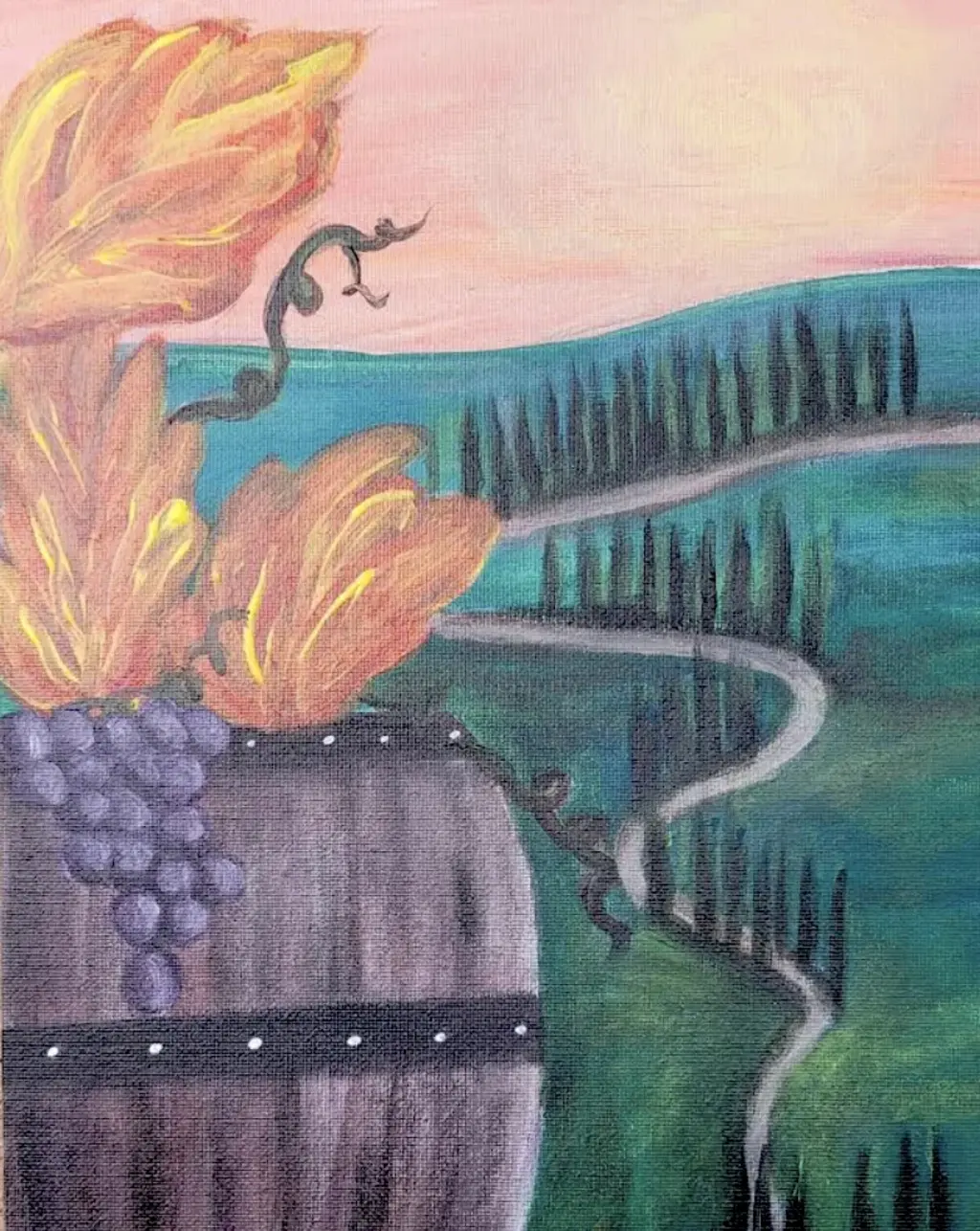 A painting featuring a rustic wine barrel with grapes and autumn foliage set against a hilly landscape.