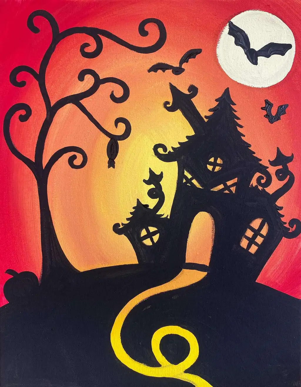A spooky Halloween-themed painting showing a crooked haunted house, a gnarled tree, bats flying in front of a full moon, and a winding path.
