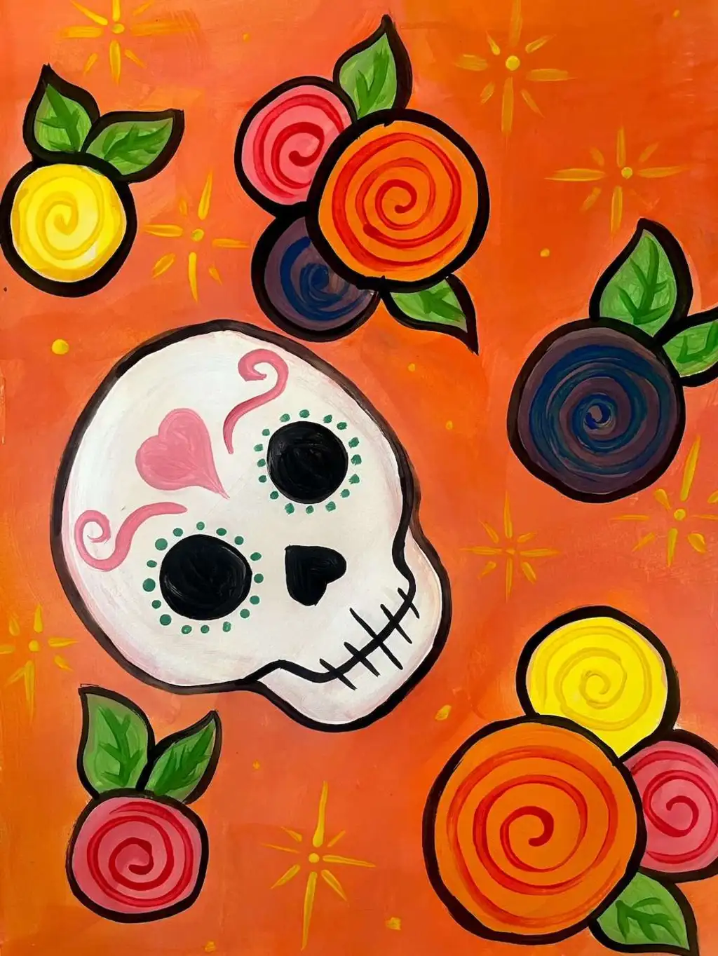 A vibrant painting featuring a Day of the Dead sugar skull with colorful roses and leaves on an orange background.