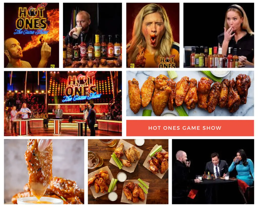 A vibrant collage featuring scenes from the Hot Ones Game Show, with images of hot wings, sauces, and guests reacting to spicy food challenges.