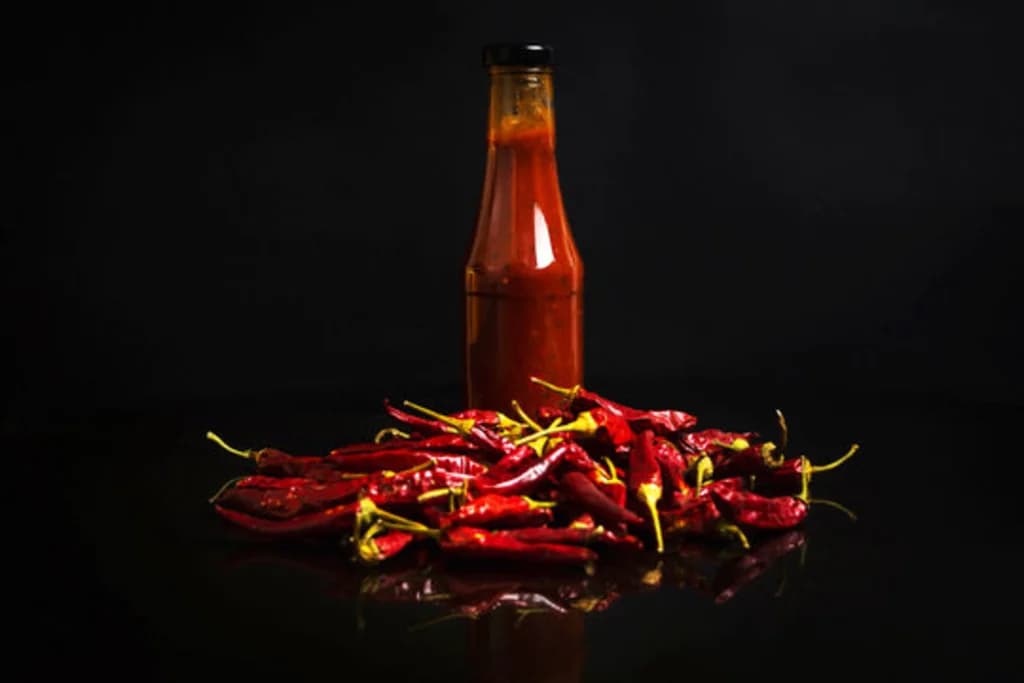 A bottle of hot sauce stands tall next to a pile of vibrant red chili peppers on a reflective black surface, creating a dramatic contrast.