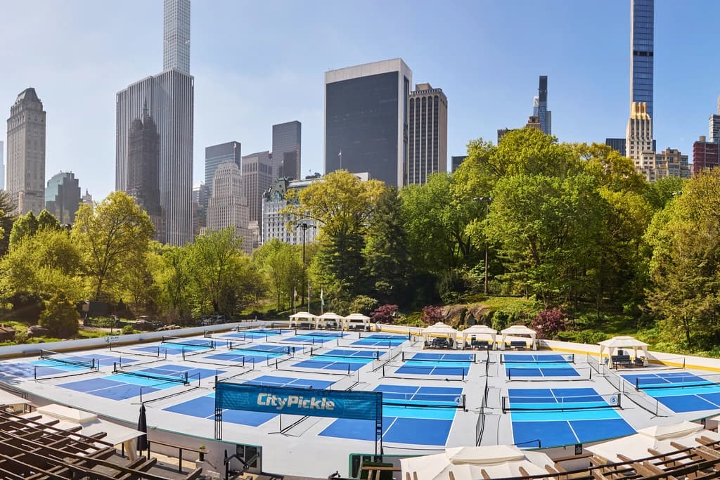 a view of pickleball court with ny skyline in the background