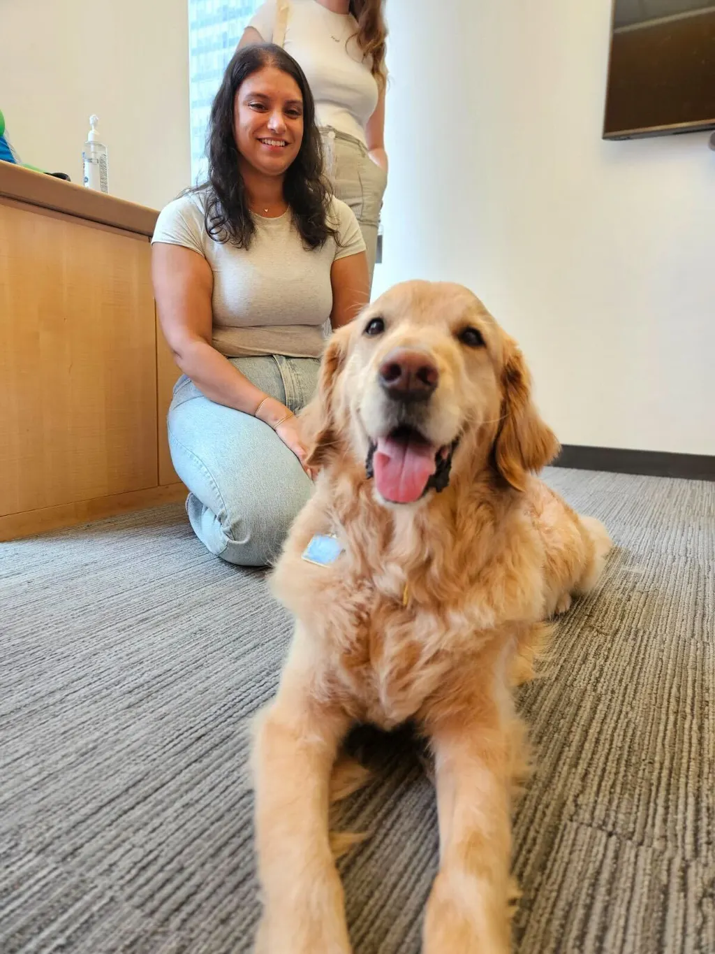 two people petting a dog