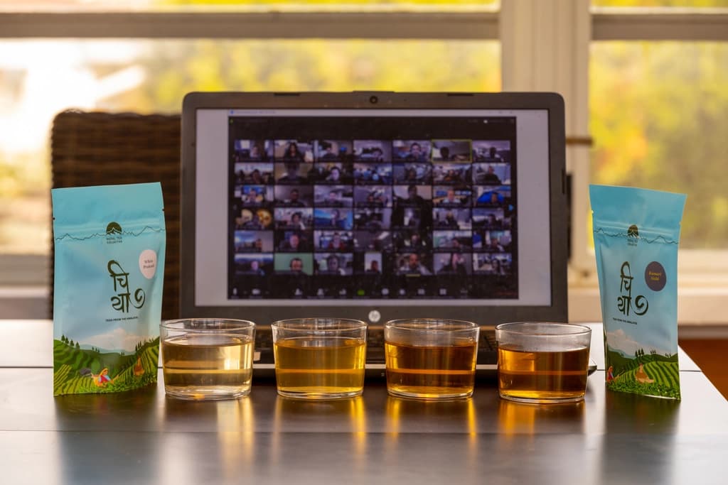 Various tea samples in glasses with a laptop showing a Zoom session in the background.