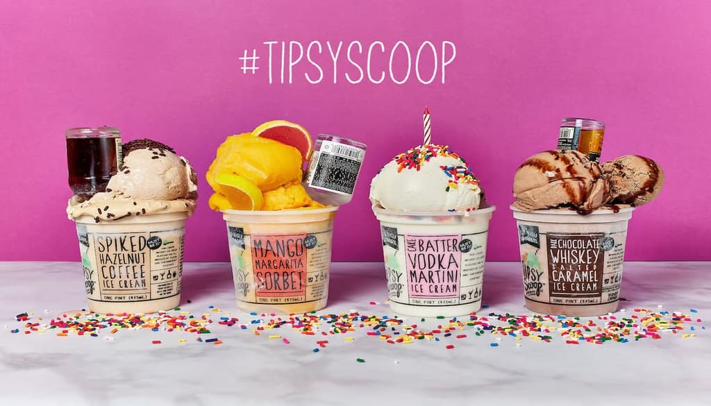 Tipsy Scoop ice creams in mixology labeled cups.